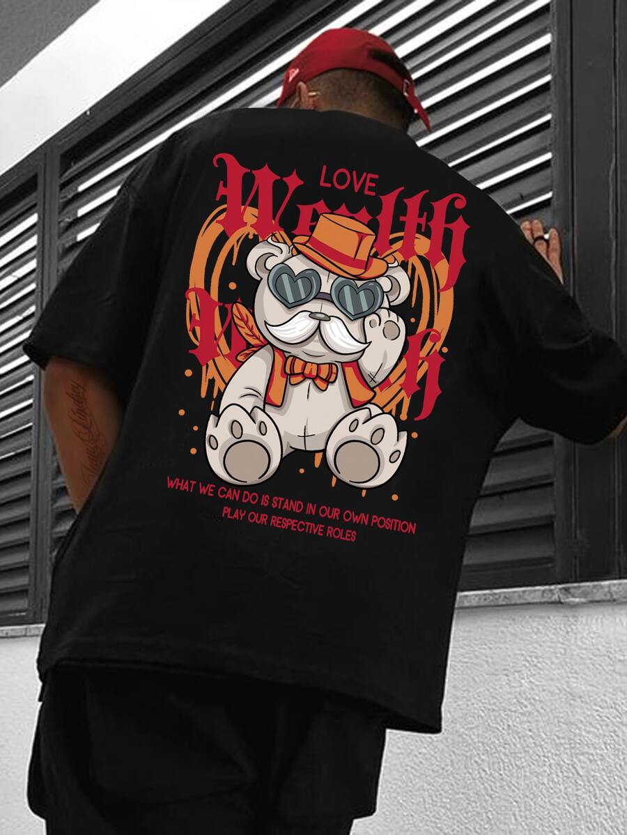 Manfinity 男士卡通和標語圖案T恤 - 黑色 - 查看 1