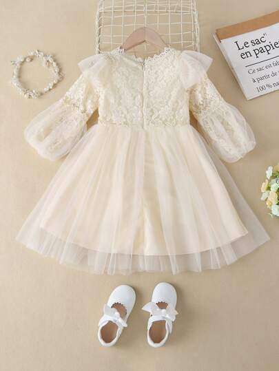 SHEIN Glamorique Kids 小女童蕾絲拼接燈籠袖網紗連衣裙