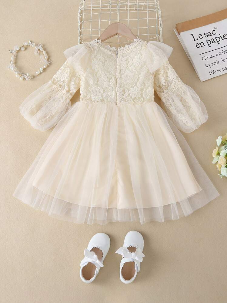 SHEIN Glamorique Kids Vestido De Malla De Manga De Lámpara De Encaje De Contraste Para Niña Joven - Beis - Añade 2