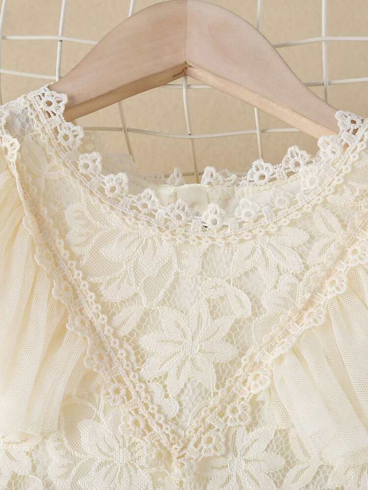 SHEIN Glamorique Kids Vestido De Malla De Manga De Lámpara De Encaje De Contraste Para Niña Joven - Beis - Añade 3