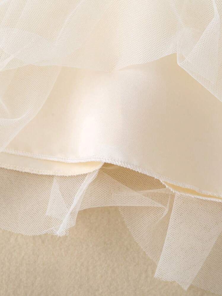 SHEIN Glamorique Kids Vestido De Malla De Manga De Lámpara De Encaje De Contraste Para Niña Joven - Beis - Añade 4