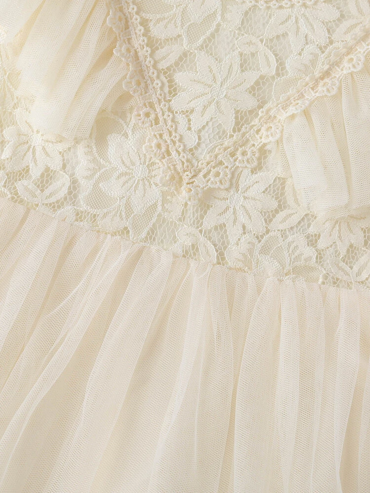 SHEIN Glamorique Kids Vestido De Malla De Manga De Lámpara De Encaje De Contraste Para Niña Joven - Beis - Añade 6