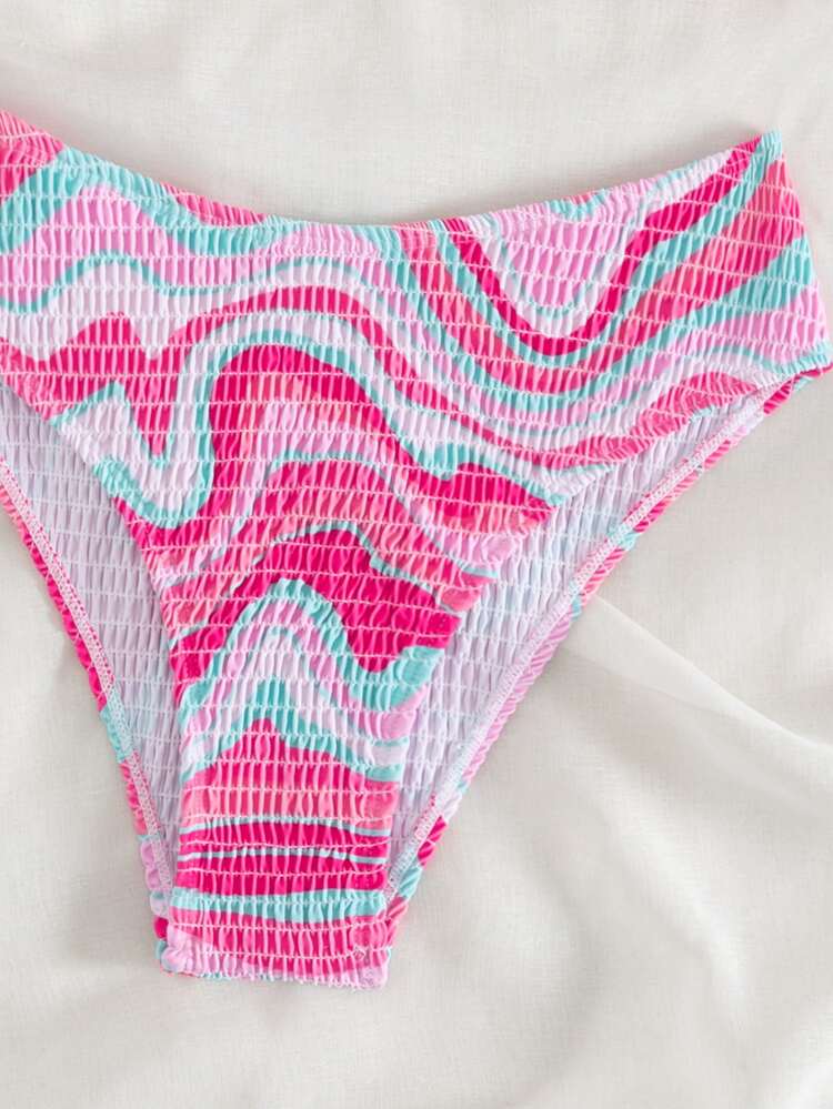 Summer Beach Wavy Print Bikini Set Smocked Halter Triangle Bra & Bikini Set 2 Piece Bathing Suit