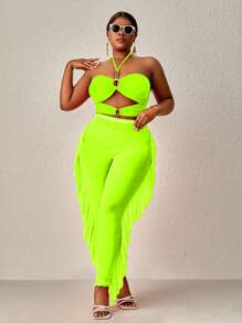SHEIN Swim Curve Plus Size 3pcs Neon Green Cut Out Ruffle Trim Halter Bikini Set Summer Beach - Lime Green - View 1