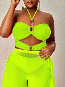 SHEIN Swim Curve Plus Size 3pcs Neon Green Cut Out Ruffle Trim Halter Bikini Set Summer Beach - Lime Green - View 6