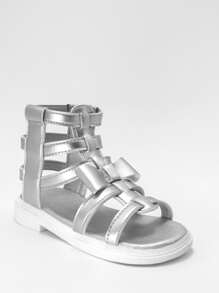 Girls Bow Decor Metallic Gladiator Sandals For Outdoor - Silver - View 3