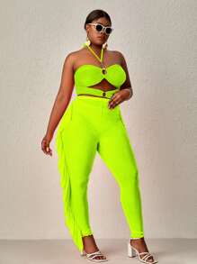 SHEIN Swim Curve Plus Size 3pcs Neon Green Cut Out Ruffle Trim Halter Bikini Set Summer Beach - Lime Green - View 4