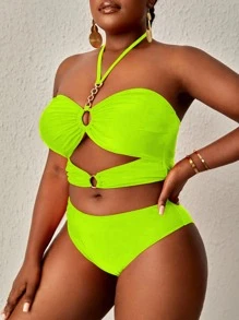 SHEIN Swim Curve Plus Size 3pcs Neon Green Cut Out Ruffle Trim Halter Bikini Set Summer Beach - Lime Green - View 3