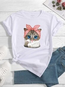 SHEIN LUNE Camiseta con estampado de gato - Blanco - Ver 1