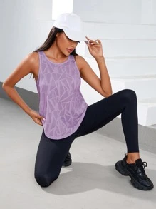 Sovereign Charm 3 件套迷彩印花蝙蝠袖弧形下摆运动 T 恤套装健身上衣健身背心 - 淡紫色 - 查看 3