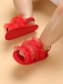 時尚露跟涼鞋適用於女孩嬰兒荷葉邊細節涼鞋 - 紅色 - 查看 3