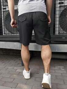 Manfinity Homme 男士翻蓋口袋腰部抽繩短褲 - 黑色 - 查看 2