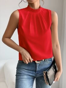 SHEIN PETITE 素色後鎖孔無袖襯衫 - 紅色 - 查看 6