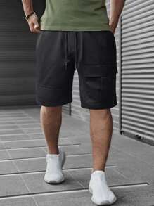 Manfinity Homme 男士翻蓋口袋腰部抽繩短褲 - 黑色 - 查看 5