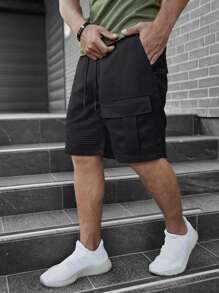 Manfinity Homme 男士翻蓋口袋腰部抽繩短褲 - 黑色 - 查看 6