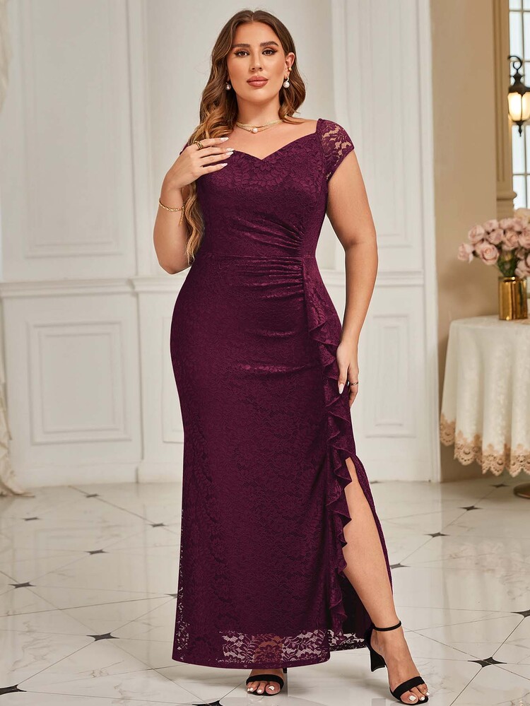 MIUSOL Plus Sweetheart Neck Draped Side Mermaid Hem Formal Lace Dress - Burgundy - View 4