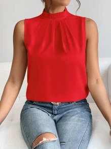 SHEIN PETITE 素色後鎖孔無袖襯衫 - 紅色 - 查看 3