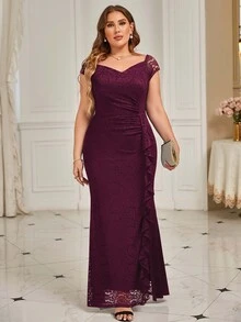 MIUSOL Vestido de encaje formal con dobladillo de sirena y escote corazón drapeado lateral - Burdeos - Ver 5