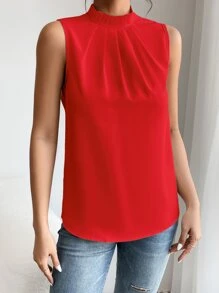 SHEIN PETITE 素色後鎖孔無袖襯衫 - 紅色 - 查看 5