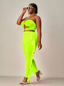 SHEIN Swim Curve Plus Size 3pcs Neon Green Cut Out Ruffle Trim Halter Bikini Set Summer Beach - Lime Green - View 5