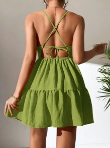 SHEIN PETITE Đầm Lộ Lưng Viên lá sen viền lá sen Ren lên màu trơn Gợi cảm - Màu xanh chanh - Xem 2