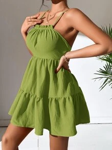 SHEIN PETITE Đầm Lộ Lưng Viên lá sen viền lá sen Ren lên màu trơn Gợi cảm - Màu xanh chanh - Xem 3