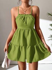 SHEIN PETITE Đầm Lộ Lưng Viên lá sen viền lá sen Ren lên màu trơn Gợi cảm - Màu xanh chanh - Xem 4