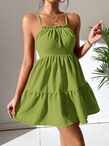 SHEIN PETITE Đầm Lộ Lưng Viên lá sen viền lá sen Ren lên màu trơn Gợi cảm - Màu xanh chanh - Xem 6