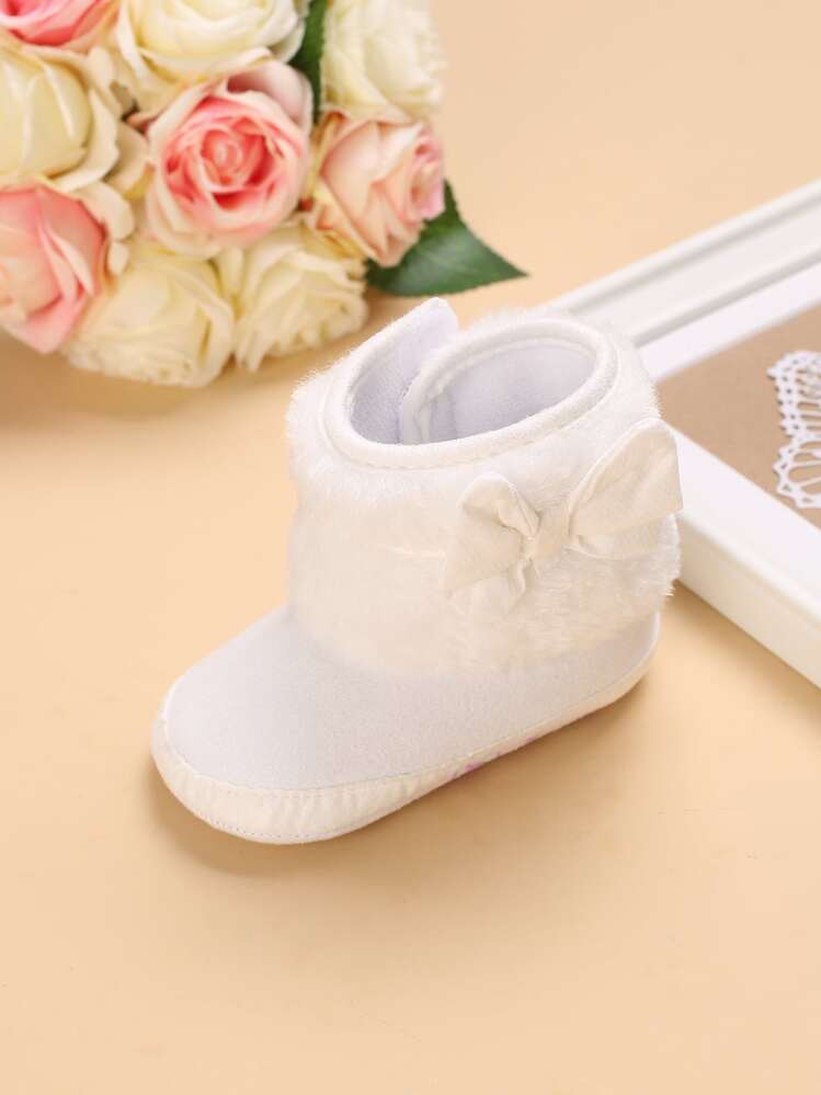 Preppy White Snow Boots For Baby Girls, Bow Decor Hook-and-loop Fastener Boots - White - View 5