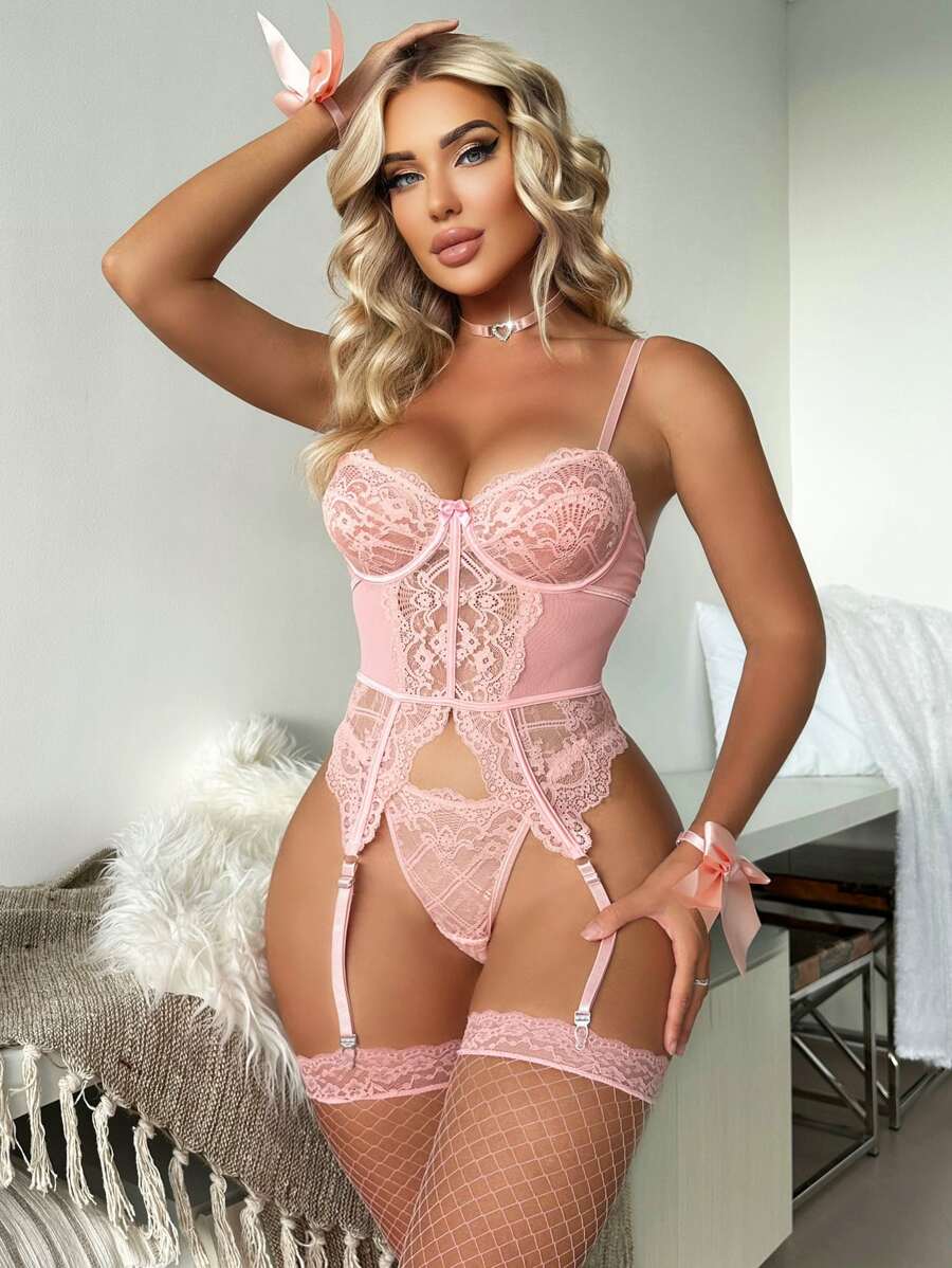 PetitDoll 7pcs Women's Sexy Lingerie Set (Underwire Bra, G-String, Choker, 2 Wrist Cuffs, 2 Fishnet Stockings) - Baby Pink - View 1