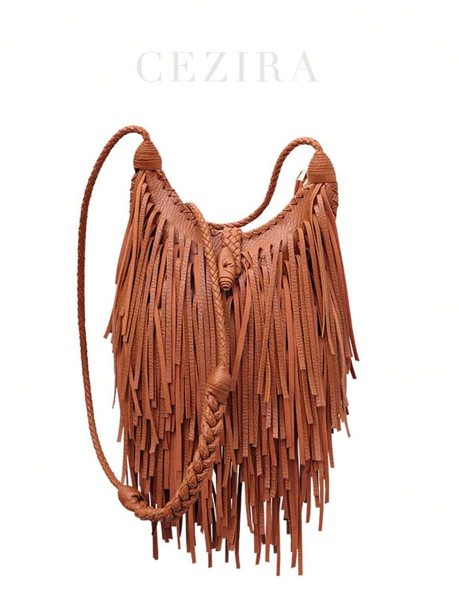 CEZIRA Mini Hobo Bag Fringe Decor Braided Detail - Brown - View 1