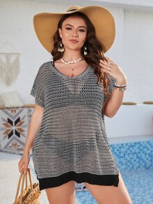 Plus Hollow Out Split Hem Cover Up Dress Without Bikini Set - Black and White - View 5