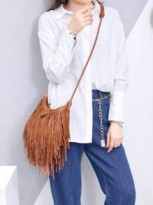 CEZIRA Mini Hobo Bag Fringe Decor Braided Detail - Brown - View 2