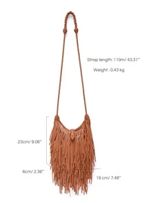 CEZIRA Mini Hobo Bag Fringe Decor Braided Detail - Brown - View 3