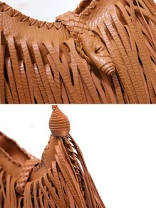 CEZIRA Mini Hobo Bag Fringe Decor Braided Detail - Brown - View 5