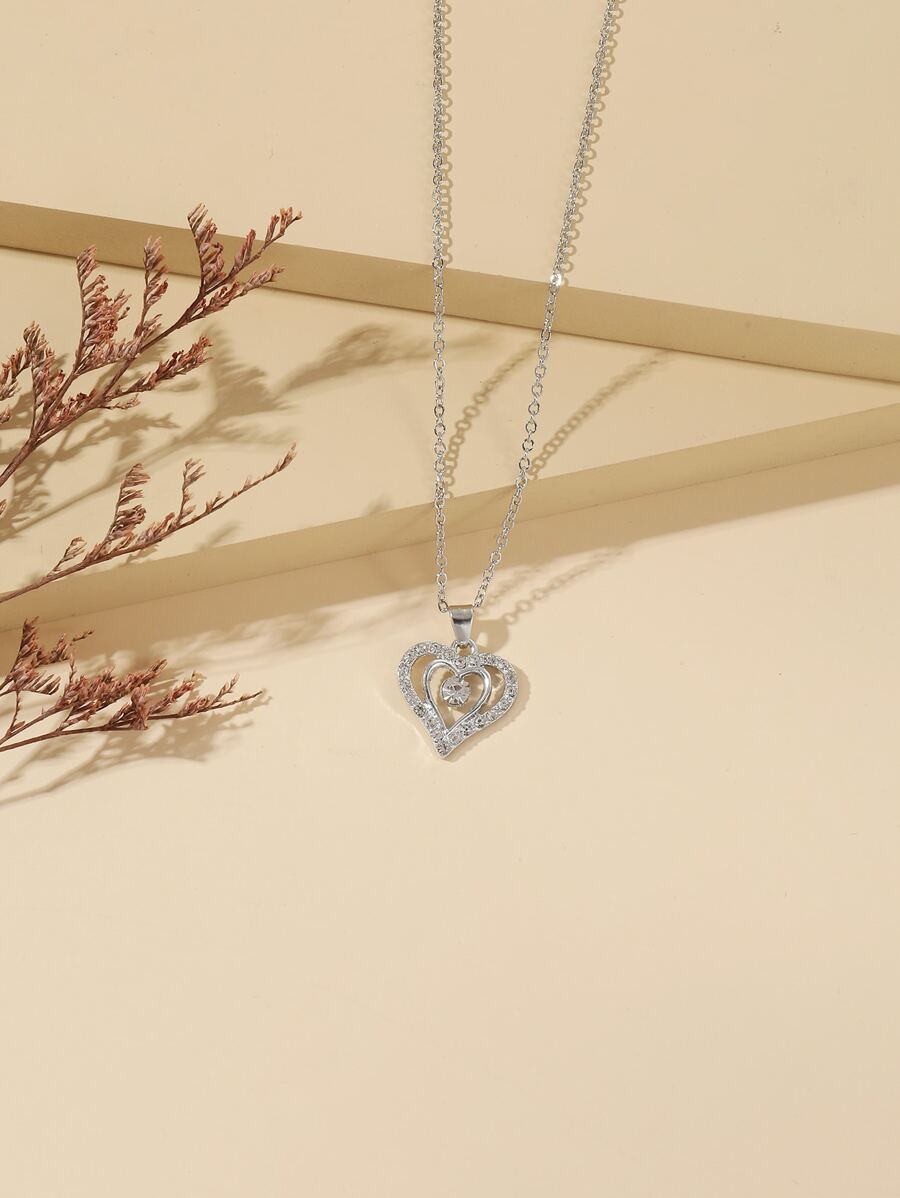 水鑽裝飾愛心掛飾項鍊 - 銀色 - 查看 1