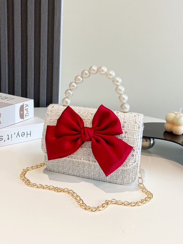 Cute Bow Children's Handbag, Versatile Chain, Little Princess Crossbody Bag, Good-Looking Little Girl's Small Square Bag, Mini Shoulder Bag