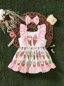 Bebé con estampado de dibujos animados ribete con fruncido Vestido con Accesorio Diadema - Multicolor - Ver 1