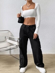 SHEIN ICON Áo nữ Gân đan màu trơn Giải trí - trắng - Xem 6