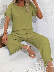 SHEIN LUNE 素色流蘇邊蝙蝠袖上衣和闊腿褲 - 橄欖綠 - 查看 1