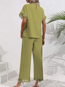 SHEIN LUNE 素色流蘇邊蝙蝠袖上衣和闊腿褲 - 橄欖綠 - 查看 2