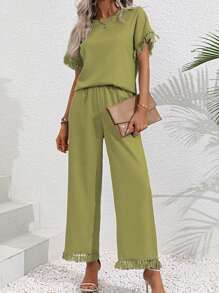 SHEIN LUNE 素色流蘇邊蝙蝠袖上衣和闊腿褲 - 橄欖綠 - 查看 3