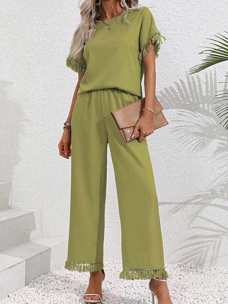 SHEIN LUNE 素色流蘇邊蝙蝠袖上衣和闊腿褲 - 橄欖綠 - 查看 3