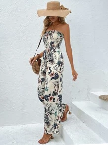 SHEIN VCAY Áo liền quần nữ viền lá sen Thắt lưng Dải chun Hoa Thực vật Boho - Nhiều màu - Xem 3