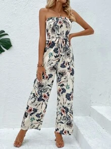 SHEIN VCAY Áo liền quần nữ viền lá sen Thắt lưng Dải chun Hoa Thực vật Boho - Nhiều màu - Xem 4