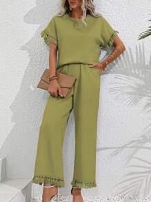 SHEIN LUNE 素色流蘇邊蝙蝠袖上衣和闊腿褲 - 橄欖綠 - 查看 4