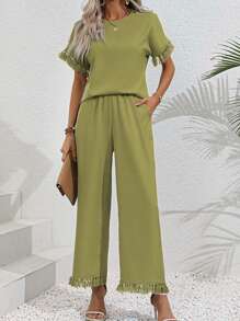 SHEIN LUNE 素色流蘇邊蝙蝠袖上衣和闊腿褲 - 橄欖綠 - 查看 5