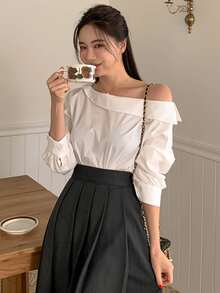 DAZY Blusa unicolor de cuello asimétrico - Blanco - Ver 4