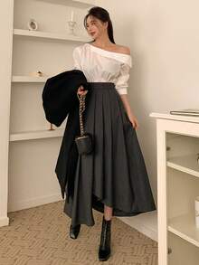 DAZY Blusa unicolor de cuello asimétrico - Blanco - Ver 6