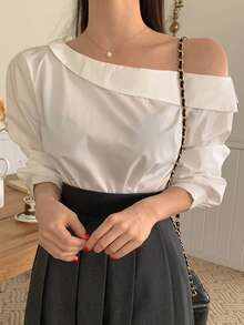 DAZY Blusa unicolor de cuello asimétrico - Blanco - Ver 7